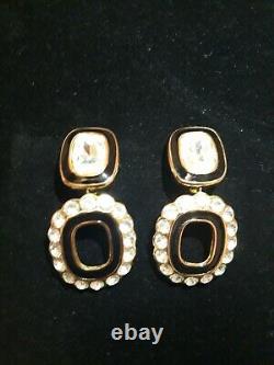 Christian Dior 2 Vtg. Black Enamel & Crystal Runway Clip Earrings RARE
