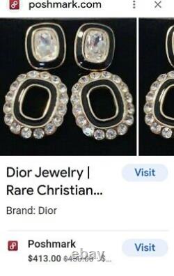 Christian Dior 2 Vtg. Black Enamel & Crystal Runway Clip Earrings RARE