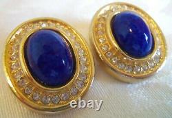 Christian Dior Blue Oval Clip back earrings Vintage W Crystals Vintage mint