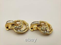 Christian Dior Half Hoop Earrings Gold Tone Vintage Clip On Dangle Clear Crystal