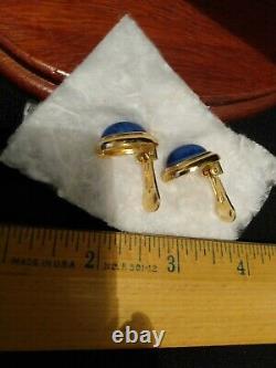 Christian Dior Hallmarked Vintage Clip On Blue Lapis Gold Tone Earrings