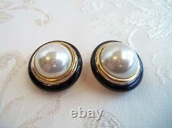 Christian Dior Large Pearl & Black trimmed enamel Clip back earrings Vintage