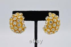 Christian Dior Signed Clip On Earrings Crystal Brushed Gold Chunky Vintage BinW