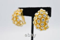 Christian Dior Signed Clip On Earrings Crystal Brushed Gold Chunky Vintage BinW