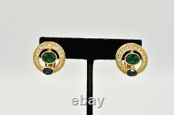 Christian Dior Signed Clip On Earrings Pave Green Blue Crystal Gold Vintage BinW