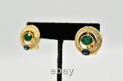 Christian Dior Signed Clip On Earrings Pave Green Blue Crystal Gold Vintage BinW