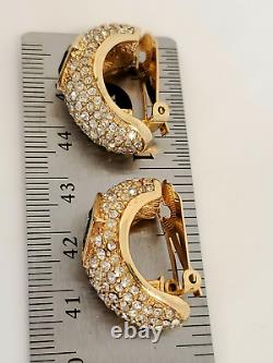 Christian Dior Signed Earrings Clip On Blue CZ PAVE Gold Vintage EUC