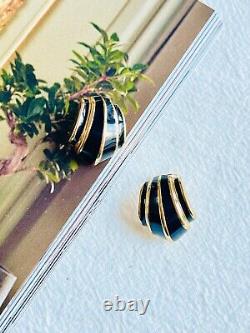 Christian Dior Vintage 1980s Black Enamel Shell Fan Retro Clip On Earrings, Gold