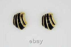 Christian Dior Vintage 1980s Black Enamel Shell Fan Retro Clip On Earrings, Gold