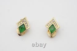 Christian Dior Vintage 1980s Gripoix Emerald Diamond Crystal Clip Earrings, Gold
