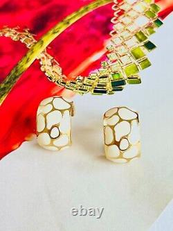 Christian Dior Vintage 1980s Large White Leopard Enamel Hoop Clip Earrings, Gold