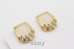 Christian Dior Vintage 1980s Matte Cube Shell White Crystals Clip Earrings, Gold