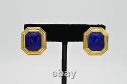 Christian Dior Vintage Clip Earrings Blue Lapis Cabochon Gold Signed 1980s Bin8