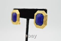 Christian Dior Vintage Clip Earrings Blue Lapis Cabochon Gold Signed 1980s Bin8