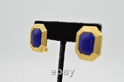 Christian Dior Vintage Clip Earrings Blue Lapis Cabochon Gold Signed 1980s Bin8