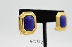 Christian Dior Vintage Clip Earrings Blue Lapis Cabochon Gold Signed 1980s Bin8