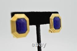 Christian Dior Vintage Clip Earrings Blue Lapis Cabochon Gold Signed 1980s Bin8