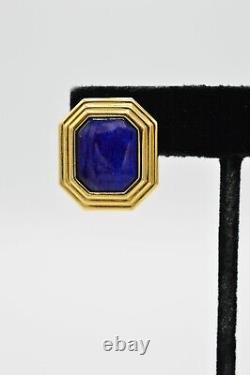 Christian Dior Vintage Clip Earrings Blue Lapis Cabochon Gold Signed 1980s Bin8