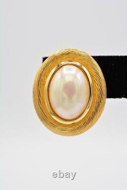 Christian Dior Vintage Clip Earrings Brushed Gold Iridescent Pearl Signed BinAI