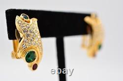 Christian Dior Vintage Clip Earrings Gold Green Rhinestone Crystal Signed BinAI