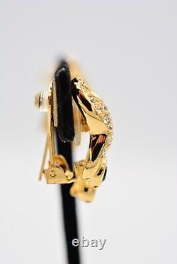Christian Dior Vintage Clip Earrings Gold Green Rhinestone Crystal Signed BinAI