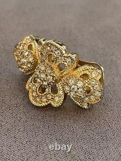 Christian Dior Vintage Floral Pave Rhinestone Gold Tone Clip On Earrings