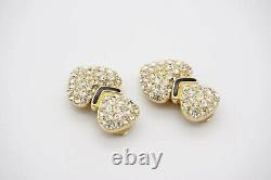 Christian Dior Vintage Large Double Heart Love Crystals Drop Clip Earrings, Gold