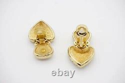 Christian Dior Vintage Large Double Heart Love Crystals Drop Clip Earrings, Gold