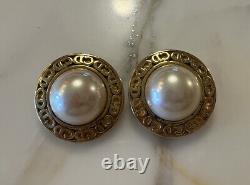 Christian Dior vintage earrings clip on Pearl Gold Tone Signature Print