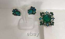 Claudette Signed Green Brooch Pin Clip On Earrings Vintage Set