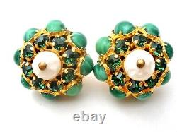 Crown Trifari Green Art Glass & Pearl Earrings Vintage Signed Clip On Jewelry