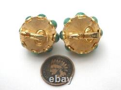 Crown Trifari Green Art Glass & Pearl Earrings Vintage Signed Clip On Jewelry