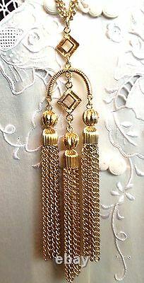 Crown Trifari Long Gold Dangle Pendant Necklace&Clip Earrings Set 1950's Vintage