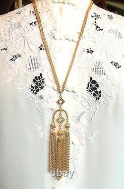 Crown Trifari Long Gold Dangle Pendant Necklace&Clip Earrings Set 1950's Vintage