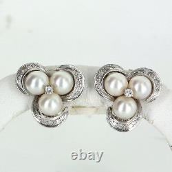Cultured Pearl Diamond Clip Cocktail Cluster Earrings Vintage 14k White Gold
