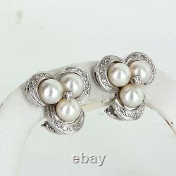 Cultured Pearl Diamond Clip Cocktail Cluster Earrings Vintage 14k White Gold