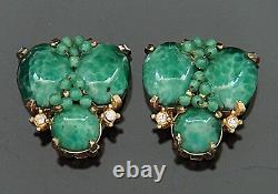 DeMario Vintage Clip Earrings Rhinestone Green Glass
