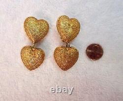 Dominique Aurientis Heart Dangle Clip Earrings France Gold Plated Vintage Superb