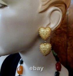 Dominique Aurientis Heart Dangle Clip Earrings France Gold Plated Vintage Superb