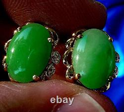EXOTIC Jade Diamond Vintage Earrings Exciting Deco Natural Clips Solid 14k Gold