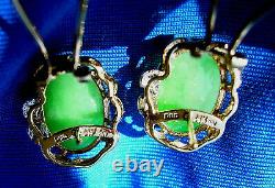 EXOTIC Jade Diamond Vintage Earrings Exciting Deco Natural Clips Solid 14k Gold