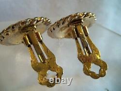 Early Chanel CC Logo Gold Plated Round Clip Back Earrings Vintage Authenic