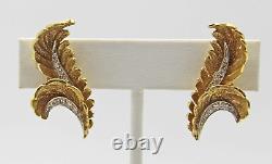 Erwin Pearl 18K Yellow Gold Diamond Feather Leaf Clip Vintage Earrings