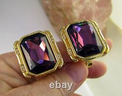 Estate Huge Vintage Gold Plated Bright Purple Swarovski Crystal Clip On Earrings