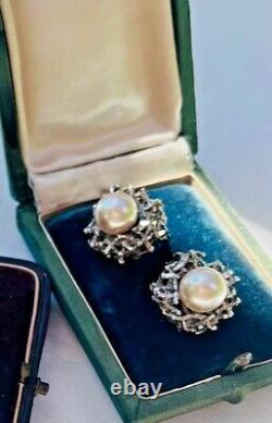 Exquisite Midcentury Vintage Pearls Rhodium Silver Clip On Earrings