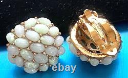 Exquisite Vintage Signed Ciner Flawed Pale Jade Cabs Gold Tone Clip Earrings