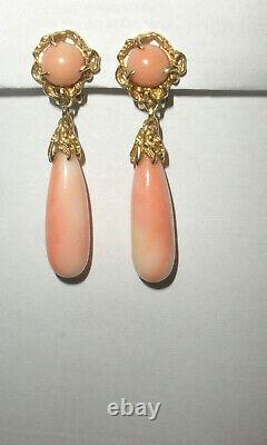 Exquisite vintage 2 1/8 large 14k yellow gold angel coral drop earrings clip on