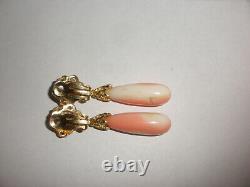 Exquisite vintage 2 1/8 large 14k yellow gold angel coral drop earrings clip on