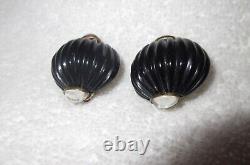Fabrice Black Onion Glass Clip Earrings Clear Cabochon France Vintage -Superb