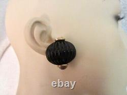 Fabrice Black Onion Glass Clip Earrings Clear Cabochon France Vintage -Superb